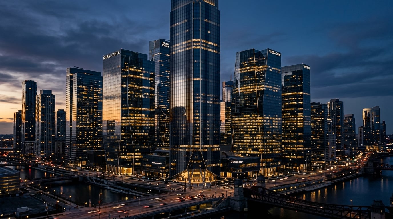 Skyline corporativo ao entardecer representando ambição e elevação
